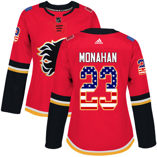 Adidas Flames #23 Sean Monahan Red Home Authentic USA Flag Women's Stitched NHL Jersey - Click Image to Close